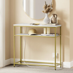 Console Table Narrow With 2 Shelves, 2 Eu Sockets, Usb-A & Usb-C, Sobuy Fsb106-E-G, 80X30X75Cm - Gold Frame