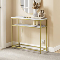 Console Table Narrow With 2 Shelves, 2 Eu Sockets, Usb-A & Usb-C, Sobuy Fsb106-E-G, 80X30X75Cm - Gold Frame - thumbnail 4