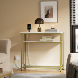 Console Table Narrow With 2 Shelves, 2 Eu Sockets, Usb-A & Usb-C, Sobuy Fsb106-E-G, 80X30X75Cm - Gold Frame - thumbnail 7