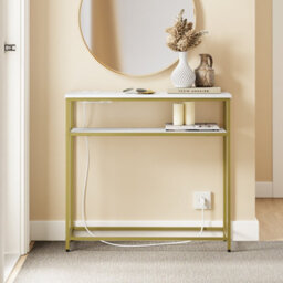 Console Table Narrow With 2 Shelves, 2 Eu Sockets, Usb-A & Usb-C, Sobuy Fsb106-E-G, 80X30X75Cm - Gold Frame - thumbnail 6
