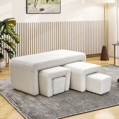 Thehotsale 5 Pcs White Upholstered Teddy Fleece Ottoman Bench Set Include Arched Stools,footrests