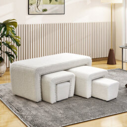 Thehotsale 5 Pcs White Upholstered Teddy Fleece Ottoman Bench Set Include Arched Stools,footrests - thumbnail 1