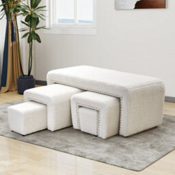 Thehotsale 5 Pcs White Upholstered Teddy Fleece Ottoman Bench Set Include Arched Stools,footrests - thumbnail 2
