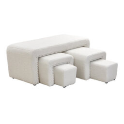 Thehotsale 5 Pcs White Upholstered Teddy Fleece Ottoman Bench Set Include Arched Stools,footrests - thumbnail 3
