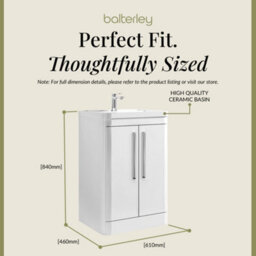 Balterley Aldershawe Contemporary Bathroom 2 Soft Close Door Floor Standing Vanity Unit & Ceramic Basin, Gloss White, 610mm - thumbnail 5