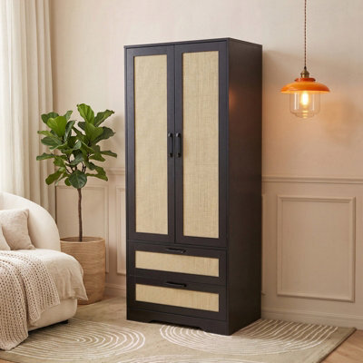 Living And Home 2-Door Black And Natural Rattan Tone Bedroom Wardrobe With 2 Drawers, 166Cm H - image 1