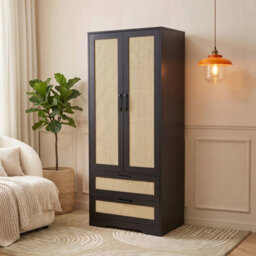 Living And Home 2-Door Black And Natural Rattan Tone Bedroom Wardrobe With 2 Drawers, 166Cm H - thumbnail 1