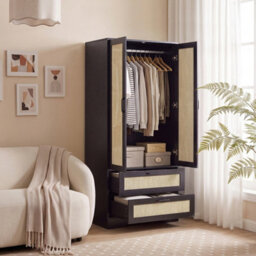Living And Home 2-Door Black And Natural Rattan Tone Bedroom Wardrobe With 2 Drawers, 166Cm H - thumbnail 2