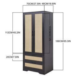 Living And Home 2-Door Black And Natural Rattan Tone Bedroom Wardrobe With 2 Drawers, 166Cm H - thumbnail 6
