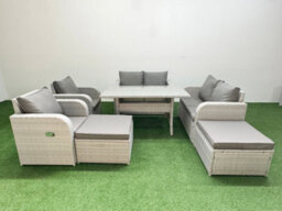 Fimous 8 Seater Outdoor Reclining Chair Love Sofa Set Rattan Garden Furniture Set 2 Big Footstools Light Grey - thumbnail 1