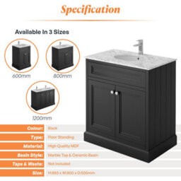 Plum&clay Fairmont Traditional Black Square Floor Standing Bathroom Vanity Unit With Ceramic Basin & Marble Top (W)800mm - thumbnail 4