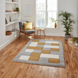 Grey Yellow Modern Geometric Bordered Chequered Machine Made Rug For Living Room Bedroom And Dining Room-80Cm X 150Cm - thumbnail 1