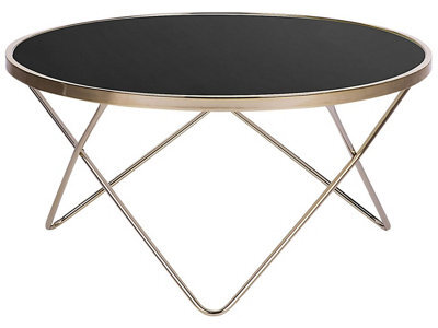 Beliani Round Coffee Table 80 Cm, Black Tempered Glass Top, Gold Hairpin Legs, Iron Frame - image 1