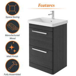 Plum&clay Emery Textured Black Floor Standing Bathroom Vanity Unit & Basin Set With Chrome Handles (W)60Cm (H)86Cm - thumbnail 6