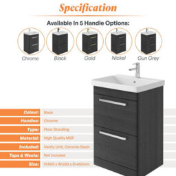 Plum&clay Emery Textured Black Floor Standing Bathroom Vanity Unit & Basin Set With Chrome Handles (W)60Cm (H)86Cm - thumbnail 5