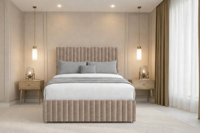 "Chester & Oakley Beds Chester & Oakley Ravello Mink Plush Divan Bed Base No Drawers With 26"" Strutted Headboard 12"" Footboard 4'6 Double" - image 1