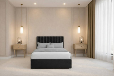 "Chester & Oakley Beds Chester & Oakley Lorenzo Black Plush Divan Bed Base No Drawers With 26"" Strutted Headboard 4' Small Double" - image 1