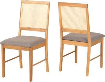 Seconique Ellis Pair Of Chairs In Oak Effect With Rattan Back And Grey Fabric - image 1