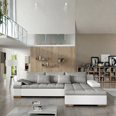 Bangkok Corner Sofa Bed Has Storage And Sleep Function Metal Legs Wooden Frame Foam Filling Light Grey And White Right - image 1