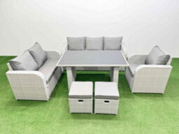 Fimous Rattan Outdoor Table Reclining Chair Sofa Set With 2 Small Stools Light Grey 8 Seater - thumbnail 1