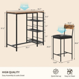 Brown Modern 3 Piece Dining Table Set For Two With Built In Wine Rack - thumbnail 2