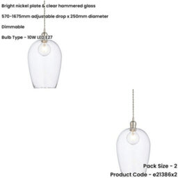 Loops 2 Pack Hanging Ceiling Pendant Light - Bright Nickel Plate & Clear Hammered Large Glass - 10W Led E27 - thumbnail 2
