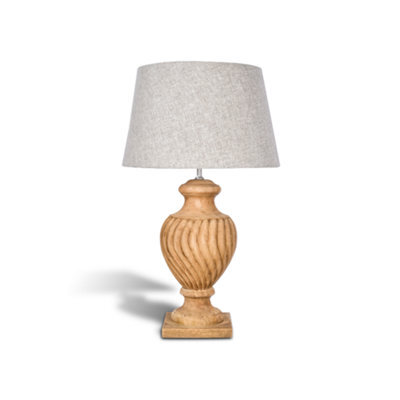 Solid Wood Table Lamp With Fabric Shade Natural Finish Carved Swirl Urn Base For Living Room Or Bedroom - image 1