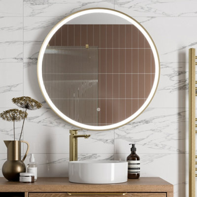 Affine Round Led Mirror Illuminated Touch Bathroom Demister Mains Brushed Brass 800mm - image 1