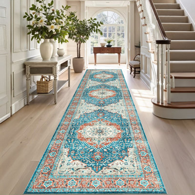 Ameha Regal Cashmere Rug Extra Large Hallway & Kitchen Area Runner Nonslip Stain Resistant Thick Pile Carpet (Blue Rust, 80X300Cm) - image 1