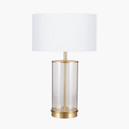 Pacific Lifestyle Clear Glass And Champagne Metal Table Lamp With  Ivory Poly Cotton Cylinder Drum Shade - thumbnail 2