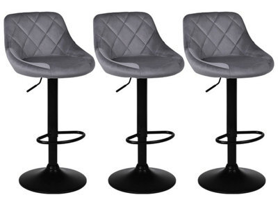 Set Of 3 Grey Valencia Velvet Gas Lift Bar Stools Kitchen Breakfast Swivel Chairs With Matte Black Metal Base & Footrest - image 1