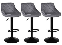 Set Of 3 Grey Valencia Velvet Gas Lift Bar Stools Kitchen Breakfast Swivel Chairs With Matte Black Metal Base & Footrest - thumbnail 2