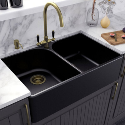 London Sink Company Butler 795 2-Bowl Matt Bronze Ceramic Sit-On Kitchen Sink With Waste - image 1