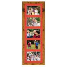 AK Frames 26X8 Rustic Oak Modern Multi Photo Frame With Poppy Red Mount - Holds 5 Apertures (5X) 6X4 Photos