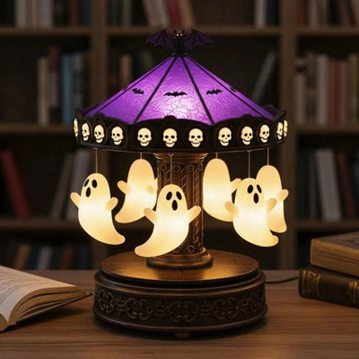 Geisterkarussell-Lampe (19 Cm) – Wiederaufladbare Halloween-Deko Mit Lila Buntglas & Skelett-Motiven