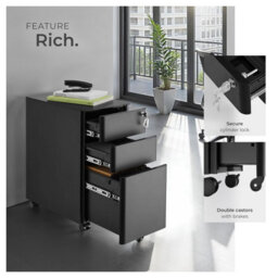 Tectake Filing Cabinet Parvus - Powdered Steel, 3 Drawers (1 For Hanging Files), Locking - 1 - Black - thumbnail 4