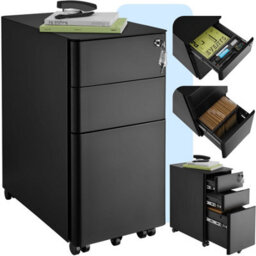 Tectake Filing Cabinet Parvus - Powdered Steel, 3 Drawers (1 For Hanging Files), Locking - 1 - Black - thumbnail 1