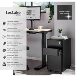 Tectake Filing Cabinet Parvus - Powdered Steel, 3 Drawers (1 For Hanging Files), Locking - 1 - Black - thumbnail 2