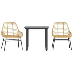 Berkfield 3 Piece Garden Dining Set Brown Poly Rattan Glass - thumbnail 2