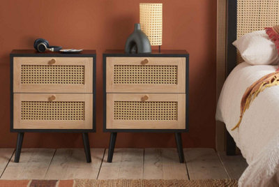 Pair Of Bedside 2 Drawer Cabinet Rattan Croxley Side Table Black - image 1