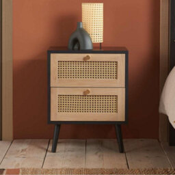 Pair Of Bedside 2 Drawer Cabinet  Rattan Croxley Side Table Black - thumbnail 4