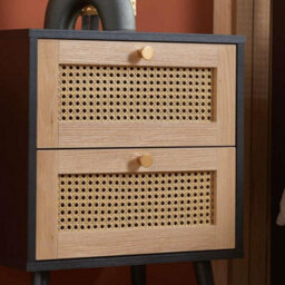 Pair Of Bedside 2 Drawer Cabinet  Rattan Croxley Side Table Black - thumbnail 3