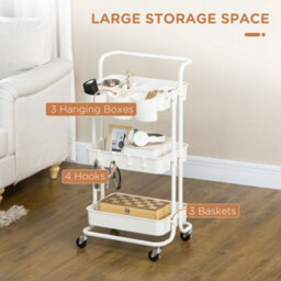 Homcom 3-Tier Utility Cart, Rolling Serving Trolley With Baskets, White - thumbnail 4