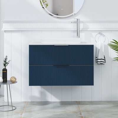 Royal Bathrooms Evora 800mm Midnight Blue Fluted Wall Hung Countertop Vanity Unit 2 Drawer With Qubix Basin - image 1