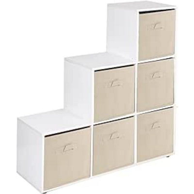 Urbn-Living Urbnliving 91Cm Height 6 Cube Step White Storage Bookcase Unit Shelf Beige Drawers Baskets - image 1
