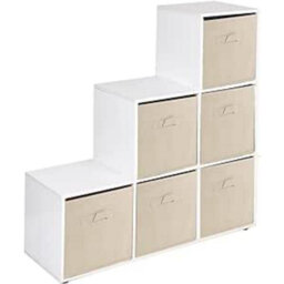 Urbn-Living Urbnliving 91Cm Height 6 Cube Step White Storage Bookcase Unit Shelf Beige Drawers Baskets - thumbnail 1