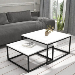 Kama 2 Piece Coffee Table Set Metal Base Legs Black With Matt White Tops Modern Matching Duo In Large And Small Sizes - thumbnail 1