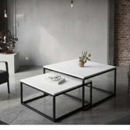 Kama 2 Piece Coffee Table Set Metal Base Legs Black With Matt White Tops Modern Matching Duo In Large And Small Sizes - thumbnail 2