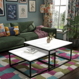 Kama 2 Piece Coffee Table Set Metal Base Legs Black With Matt White Tops Modern Matching Duo In Large And Small Sizes - thumbnail 3