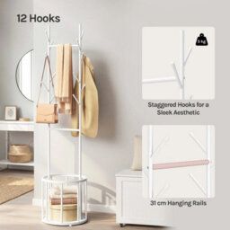 White 175Cm Metal Coat Rack 12 Hooks 2 Rails Umbrella Holder - thumbnail 4